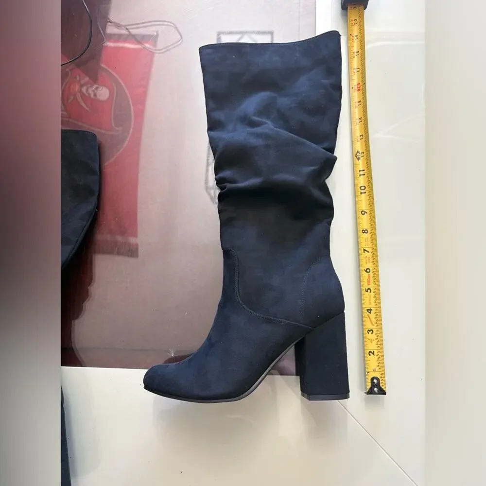 New LEONA Black Suede Slouch Boots • Block Heel • Women’s 8.5